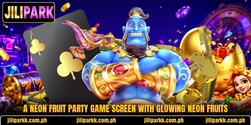 A Neon Fruit Party game screen with glowing neon fruits