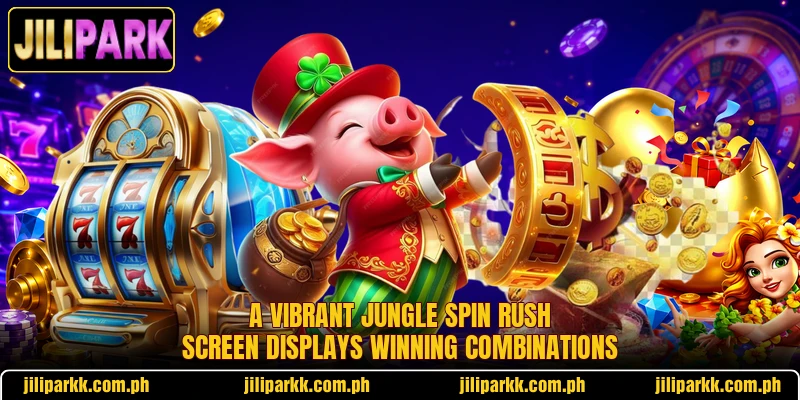A vibrant Jungle Spin Rush screen displays winning combinations