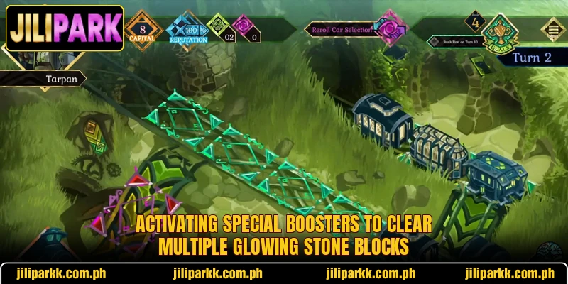 Activating special boosters to clear multiple glowing stone blocks