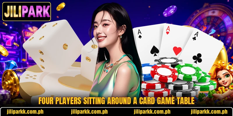 Four players sitting around a card game table