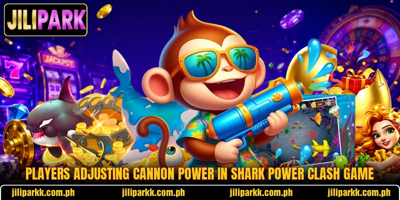 Players adjusting cannon power in Shark Power Clash game Players adjusting cannon power in Shark Power Clash game